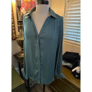 Naked Zebra Women Blue Long Sleeves Collared Button Down Shirt Size Large